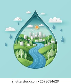 Paper cut style water drop with lush green hills, river, and rain clouds for World Water Day environmental awareness.
