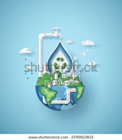 Paper cut style of water drop with globe, promoting environmental awareness and sustainability for World Water Day.