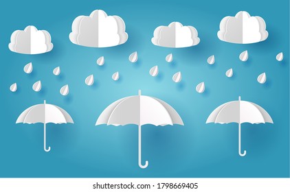 Paper cut style water rain droplets  background with umbrellas, vector illustration. Rainy day