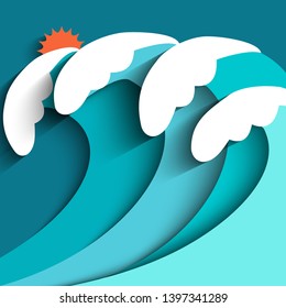 Paper Cut Style Water Waves Background With Sea And Sun, Vector Illustration