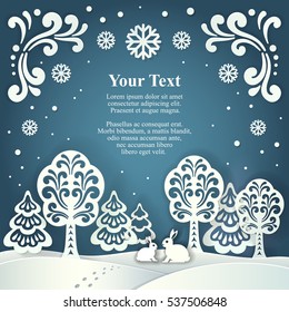 Paper cut style winter background. Abstract vector Christmas night background with forest, two rabbits and place for your text.