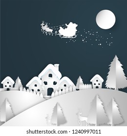 Paper cut style winter landscape background with flying santa sleigh for Merry Christmas celebration concept.