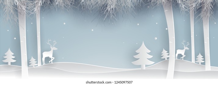 Paper cut style winter landscape illustration with reindeers on glossy blue background for festival celebration concept header or banner design.