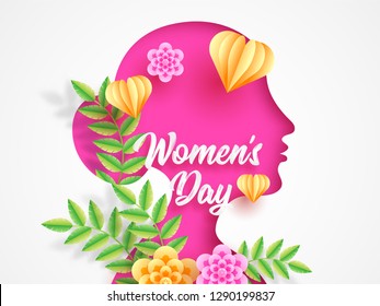 Paper cut style woman face decorated with flowers and heart shapes for Women's Day celebration poster or banner design.