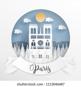 Paper cut style of world famous landmark of Paris, France with white frame and label. Travel postcard and poster, brochure, advertising Vector illustration.