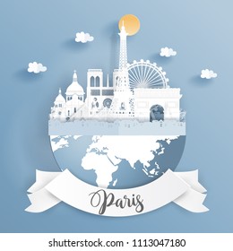 Paper cut style of world famous landmark of Paris, France on the earth with label. Vector illustration.