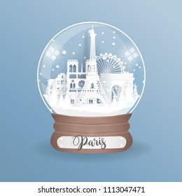 Paper cut style of world famous landmark of Paris, France in a globe, glass ball. Vector illustration.