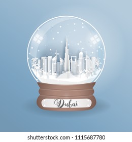 Paper cut style of world famous landmark of Dubai in a globe, glass ball. Vector illustration.