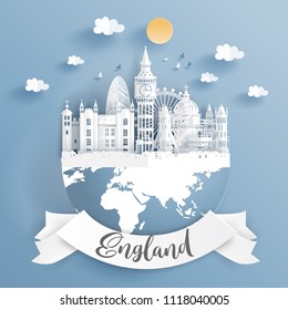 Paper cut style of world famous landmark of London, England on the earth with label. Vector illustration.