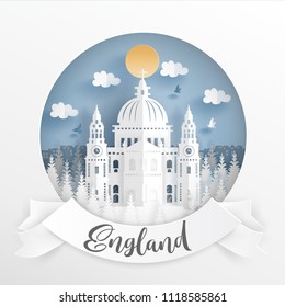 Paper cut style of world famous landmark of London, England and buildings with white frame and label. Travel postcard and poster, brochure, advertising Vector illustration.