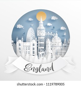 Paper cut style of world famous landmark of London, England with white frame. Travel postcard and poster, brochure, advertising Vector illustration.