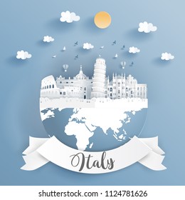 Paper cut style of world famous landmark of Italy on the earth with label. Vector illustration.