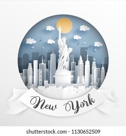 Paper cut style of world famous landmark of New York city, America with white frame and label. Travel postcard and poster, brochure, advertising. Vector illustration.