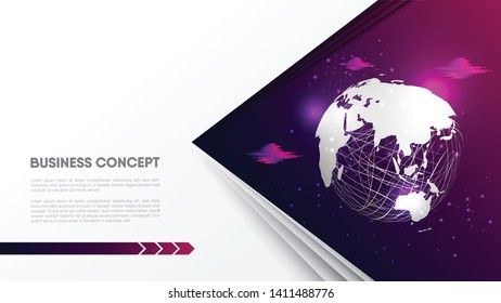 Paper cut style world map sphere, sky clouds, on gradient pink purple background. Abstract concept template with copy space for text. Paper cut style. EPS10, vector and illustration.