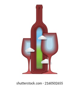 Paper cut style.Bottle of red wine. Clouds are flying. Two wine glasses.Glass of red wine.Symbols of winemaking.Origami silhouette.Craft paper cut art illustration.Alcohol logo.