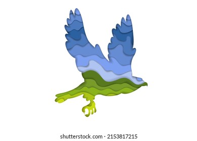 Paper cut style.Flying bird. Landscape inside the contour. Green grass against the blue sky. Double exposure. Origami silhouette.Craft paper cut art illustration.