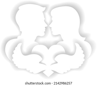 Paper cut style.Loving couple. Heart on wings of love. Portrait of woman and man.Character origami silhouette.Craft paper cut art illustration.Symbol for wedding invitation design.