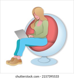 Paper Cut Style.Woman Sitting With Laptop In Trendy Round
Armchair.Woman Works At The Computer. Work And Internet Search.Origami Silhouette.Craft Paper Cut Art Illustration.