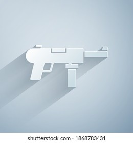 Cortado de papel Subpistola M3, Icono de pistola de grasa aislado en fondo gris. Estilo de arte de papel. Vector