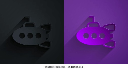 Paper cut Submarine toy icon isolated on black on purple background. Paper art style. Vector