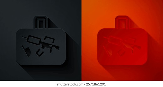 Paper cut Suitcase for travel icon isolated on black and red background. Traveling baggage sign. Travel luggage icon. Paper art style. Vector