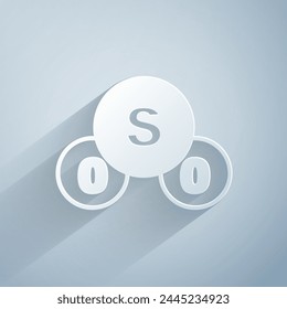 Paper cut Sulfur dioxide SO2 gas molecule icon isolated on grey background. Structural chemical formula and molecule model. Paper art style. Vector