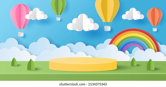 Paper cut of summer banner background with yellow color cylinder podium for products display presentation with colorful hot air balloons, cloud and rainbow. Vector illustration