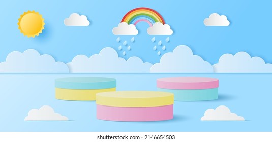 Paper cut of summer banner with pastel color cylinder podium for products display presentation with sun, cloud, rainbow and drops rain. Vector illustration