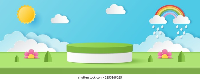 Paper cut of summer banner with white and green color cylinder podium with sun, cloud, rainbow and drops rain for products display presentation. Vector illustration