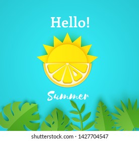 Paper cut summer card. Half sun and yellow lemon fruits on a blue background with jungle leaves. Vector illustration origami style.