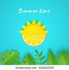Paper cut summer card. Half sun and yellow lemon fruits on a blue background with jungle leaves. Vector illustration origami style.