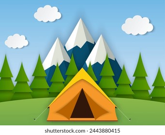 Paper cut summer landsape. Landscape with yellow tent, forest and mountains on the background. Adventures in nature, vacation, and tourism vector illustration.