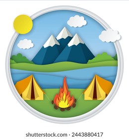 Paper cut summer landsape. Landscape with yellow tent, forest and mountains on the background. Adventures in nature, vacation, and tourism vector illustration.