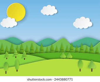 Paper cut summer landsape. Summer landscape with green hills and blue sky, white clouds. Vector illustration