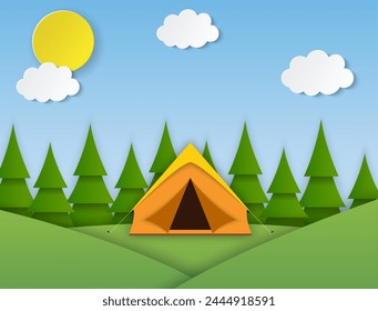 Paper cut summer landsape. Landscape with yellow tent, forest on the background. Adventures in nature, vacation, and tourism vector illustration.