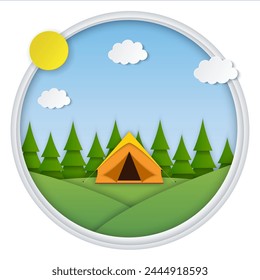 Paper cut summer landsape. Landscape with yellow tent, forest on the background. Adventures in nature, vacation, and tourism vector illustration.