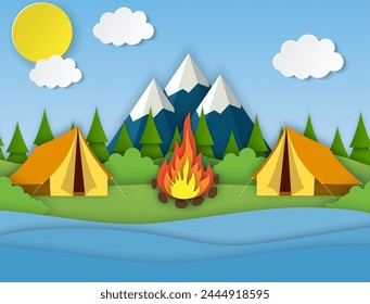 Paper cut summer landsape. Landscape with yellow tent, forest and mountains on the background. Adventures in nature, vacation, and tourism vector illustration.