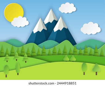 Paper cut summer landsape. Summer landscape with green hills and blue sky, white clouds. Vector illustration