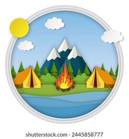 Paper cut summer landsape. Landscape with yellow tent, forest and mountains on the background. Adventures in nature, vacation, and tourism vector illustration.