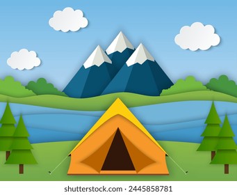 Paper cut summer landsape. Landscape with yellow tent, forest and mountains on the background. Adventures in nature, vacation, and tourism vector illustration.