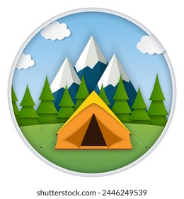 Paper cut summer landsape. Landscape with yellow tent, forest and mountains on the background. Adventures in nature, vacation, and tourism vector illustration.