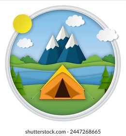 Paper cut summer landsape. Landscape with yellow tent, forest and mountains on the background. Adventures in nature, vacation, and tourism vector illustration.