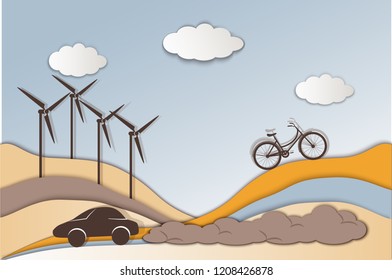 Paper cut summer landscape with hills, bike, wind mills, car, blue sky and clouds. Hiking and traveling, ecology, air pollution, alternative energy concept, pastel colors. Vector illustration, cartoon