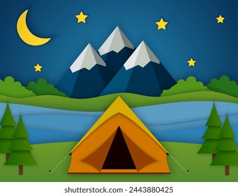 Paper cut summer night landsape. Landscape with yellow tent, forest and mountains on the background. Adventures in nature, vacation, and tourism vector illustration.