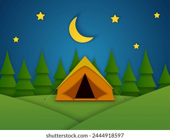 Paper cut summer night landsape. Landscape with yellow tent, forest on the background. Adventures in nature, vacation, and tourism vector illustration.