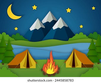 Paper cut summer night landsape. Landscape with yellow tent, forest and mountains on the background. Adventures in nature, vacation, and tourism vector illustration.