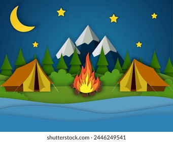 Paper cut summer night landsape. Landscape with yellow tent, forest and mountains on the background. Adventures in nature, vacation, and tourism vector illustration.