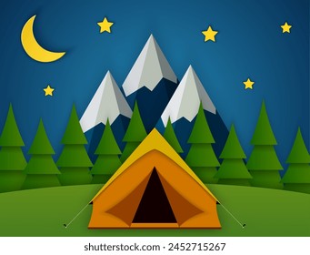 Paper cut summer night landsape. Landscape with yellow tent, forest and mountains on the background. Adventures in nature, vacation, and tourism vector illustration.