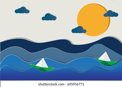 Paper cut in summer ocean concept. In the ocean there are two ships are cruising through the waves at sunset in paper cut effect background ESP10