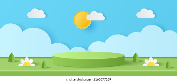 Paper cut of Summer season on green nature landscape, sun and clouds on blue sky background with green cylinder podium for your products display presentation